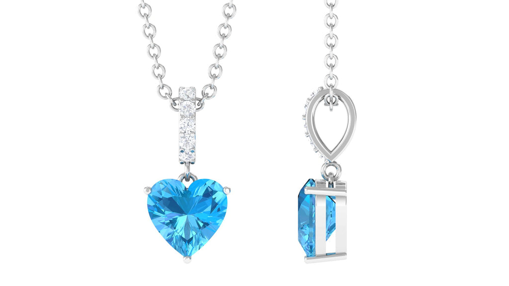 Simple Heart Shape Swiss Blue Topaz Solitaire Pendant with Diamond Accent Bail Swiss Blue Topaz - ( AAA ) - Quality - Rosec Jewels