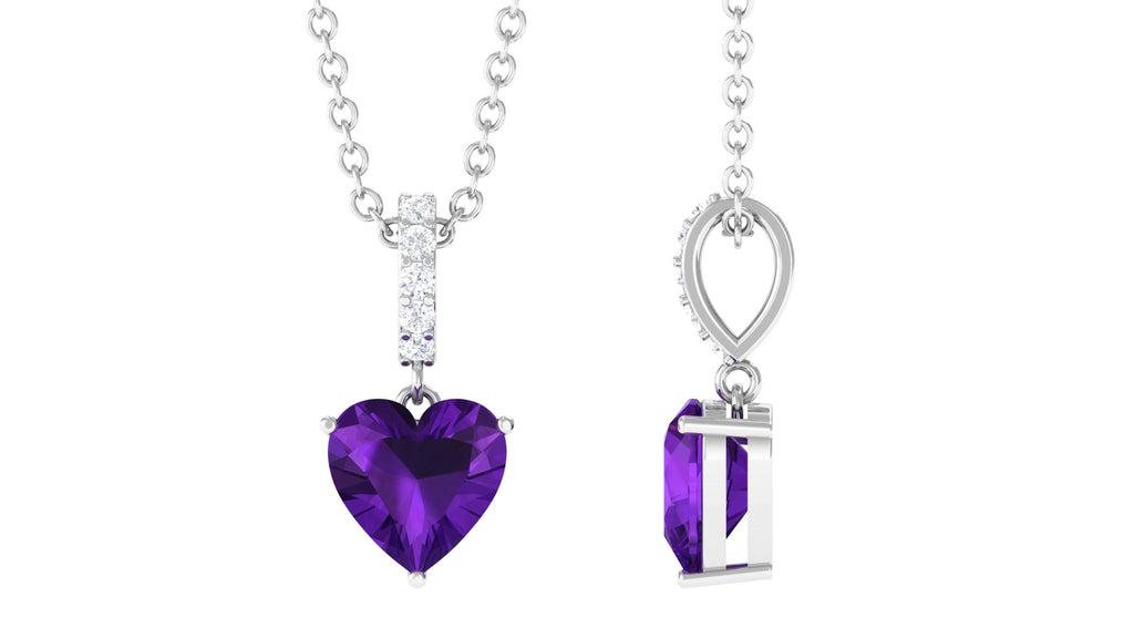 6 MM Heart Shape Amethyst Solitaire Pendant with Diamond Accent Bail Amethyst - ( AAA ) - Quality - Rosec Jewels