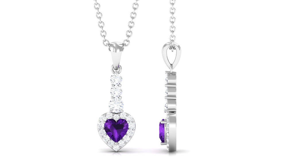Heart Shape Amethyst Drop Pendant with Diamond Amethyst - ( AAA ) - Quality - Rosec Jewels