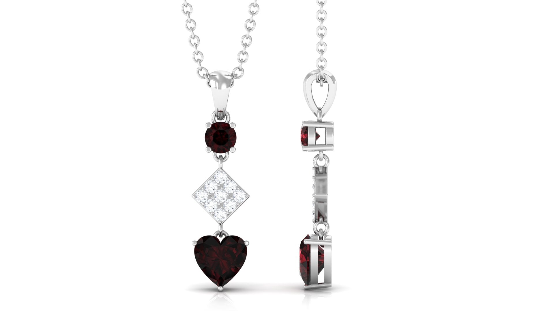 Round and Heart Shape Garnet and Diamond Drop Pendant Necklace Garnet - ( AAA ) - Quality - Rosec Jewels