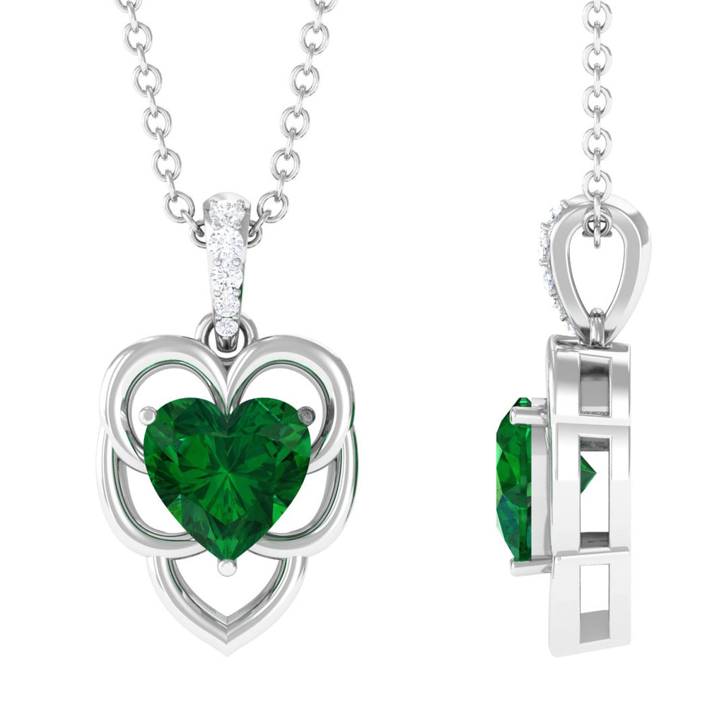 Heart Shape Created Emerald Leaf Pendant with Diamond Accent Bail Lab Created Emerald - ( AAAA ) - Quality - Rosec Jewels