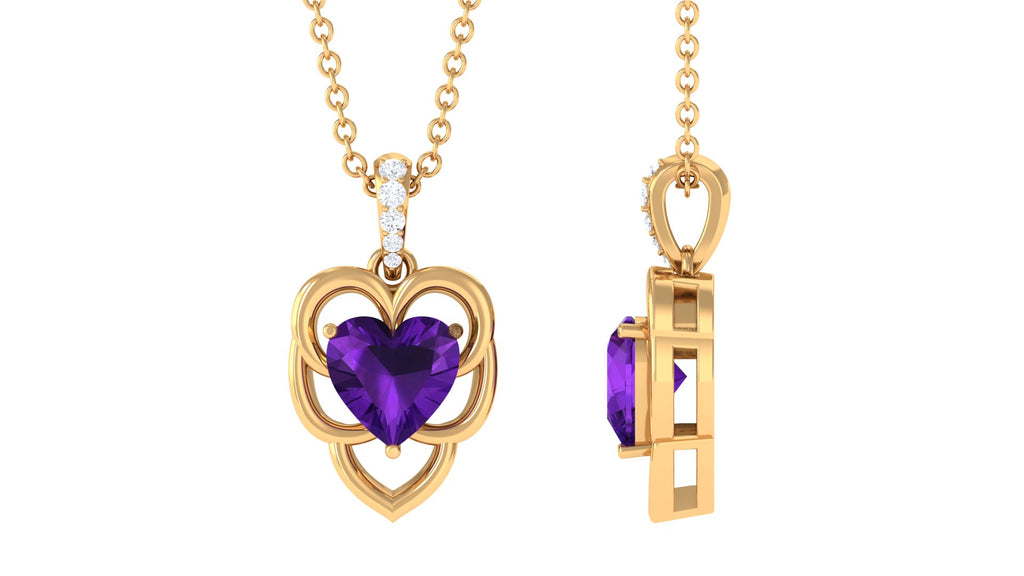 Real Amethyst Heart Pendant with Diamond Accent Bail Amethyst - ( AAA ) - Quality - Rosec Jewels