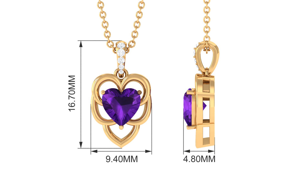 Real Amethyst Heart Pendant with Diamond Accent Bail Amethyst - ( AAA ) - Quality - Rosec Jewels