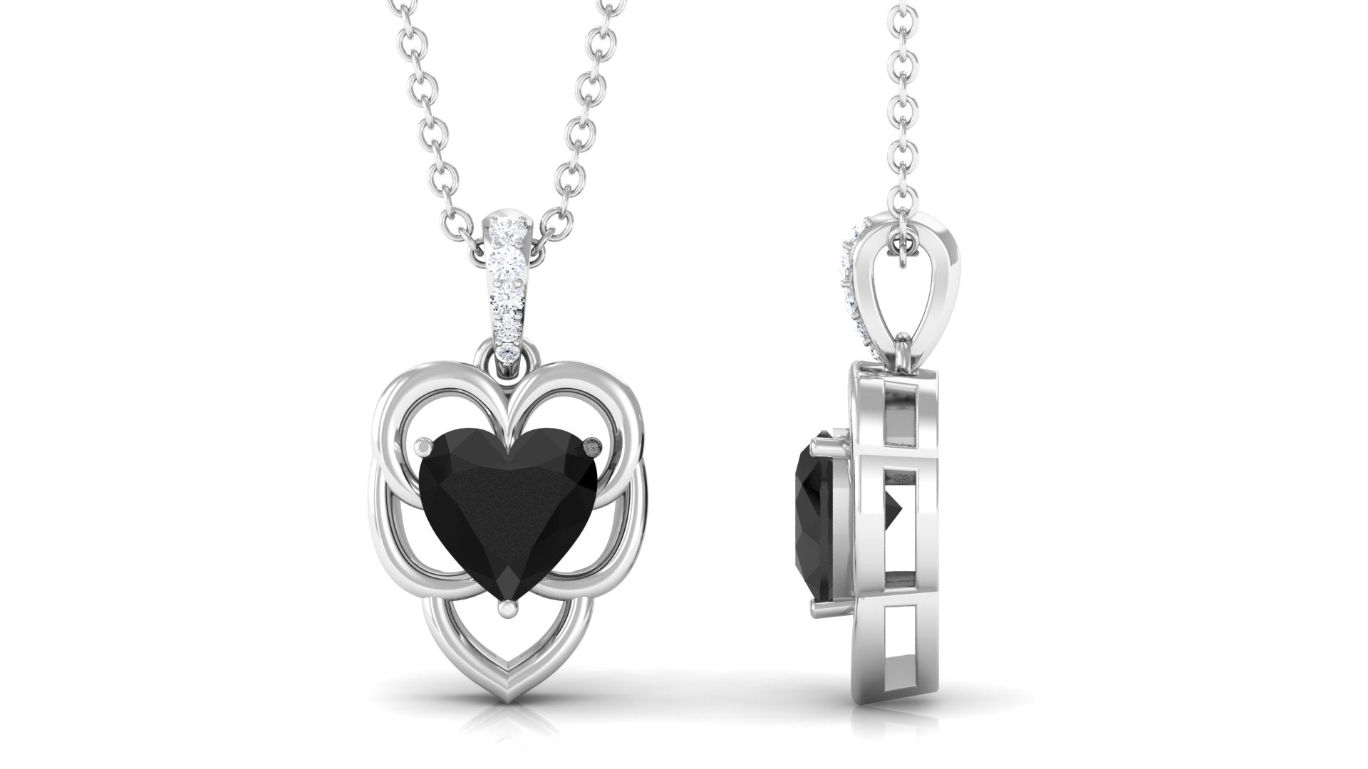Heart Shape Black Onyx Solitaire Pendant Necklace with Diamond Black Onyx - ( AAA ) - Quality - Rosec Jewels