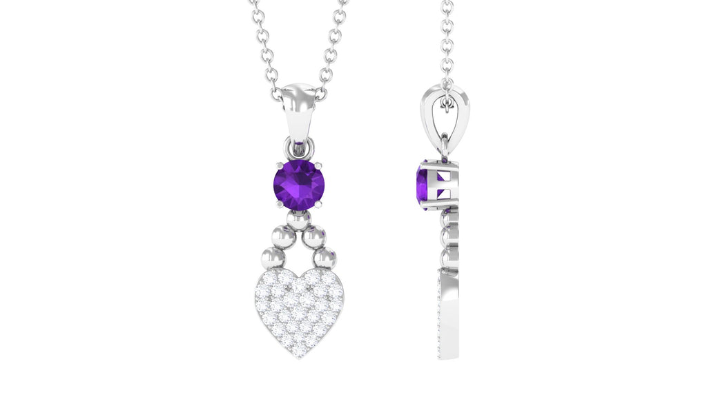 Round Shape Amethyst and Diamond Heart Pendant Amethyst - ( AAA ) - Quality - Rosec Jewels