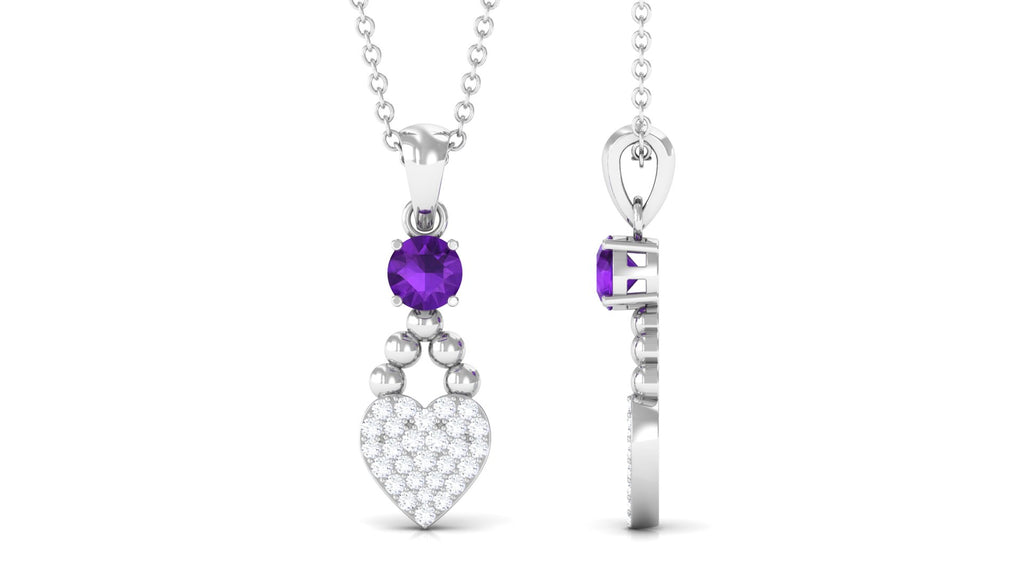 Round Shape Amethyst and Diamond Heart Pendant Amethyst - ( AAA ) - Quality - Rosec Jewels