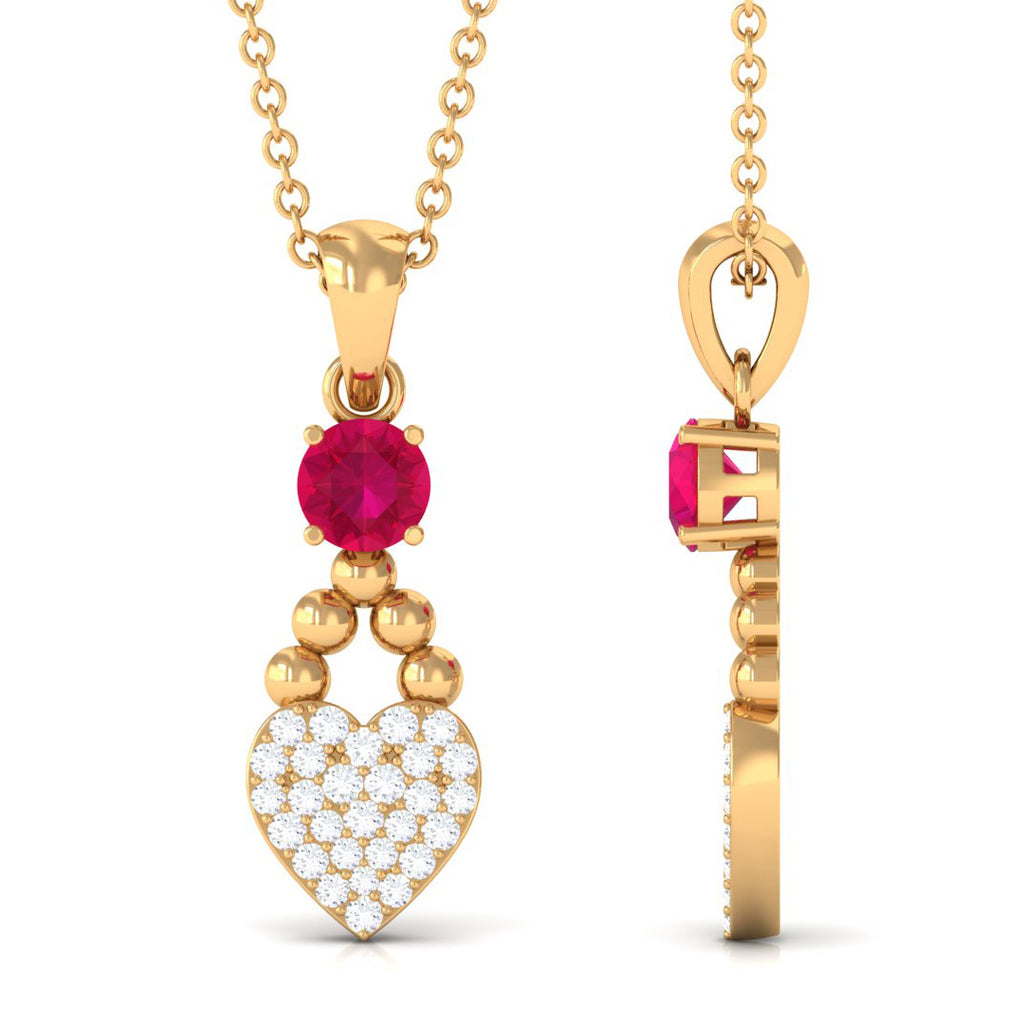 Round Shape Ruby and Diamond Heart Pendant Ruby - ( AAA ) - Quality - Rosec Jewels