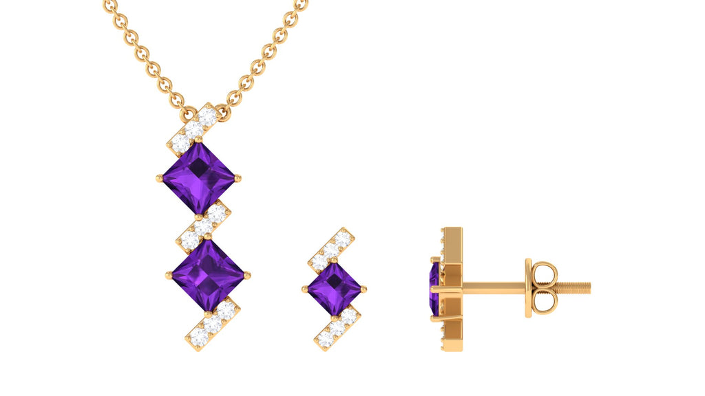 Princess Cut Amethyst Modern Jewelry Set with Diamond Amethyst - ( AAA ) - Quality - Rosec Jewels
