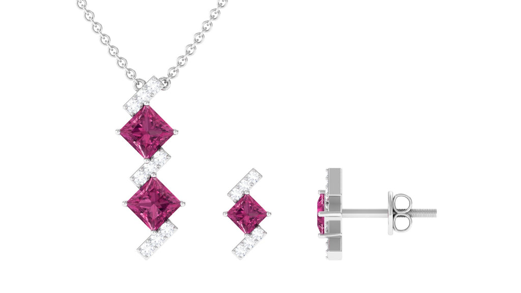 Princess Cut Pink Tourmaline Modern Jewelry Set with Diamond Pink Tourmaline - ( AAA ) - Quality - Rosec Jewels