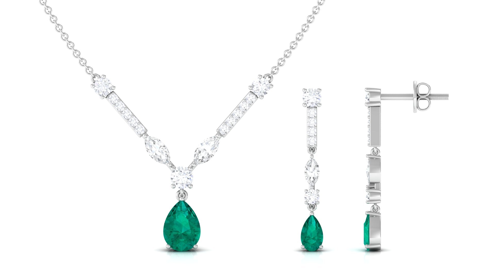 Emerald and Moissanite Drop Necklace Earrings Set Emerald - ( AAA ) - Quality - Rosec Jewels