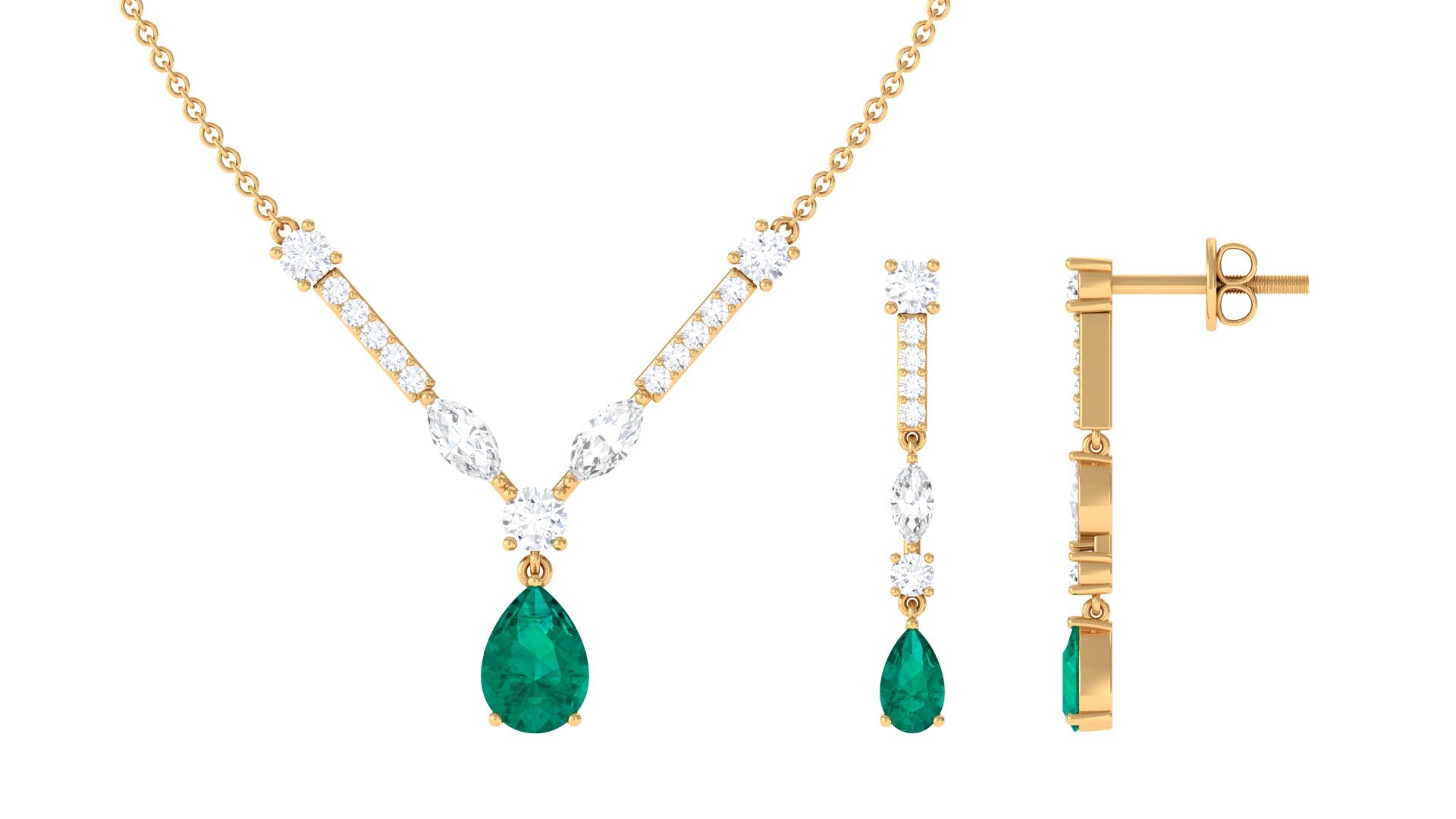 Emerald and Moissanite Drop Necklace Earrings Set Emerald - ( AAA ) - Quality - Rosec Jewels