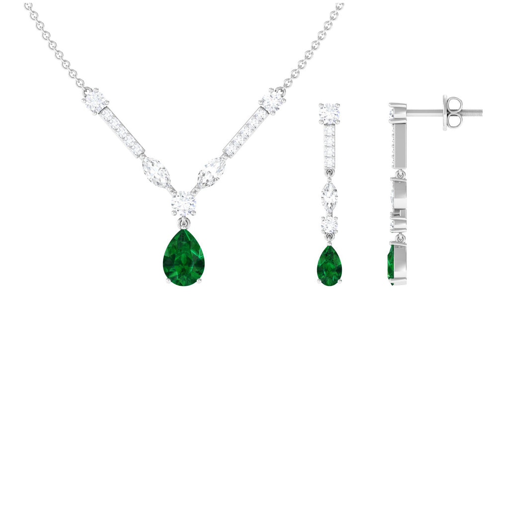 Created Emerald and Moissanite Drop Necklace Earrings Set Lab Created Emerald - ( AAAA ) - Quality - Rosec Jewels