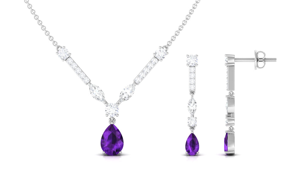 Amethyst and Moissanite Drop Necklace Earrings Set Amethyst - ( AAA ) - Quality - Rosec Jewels