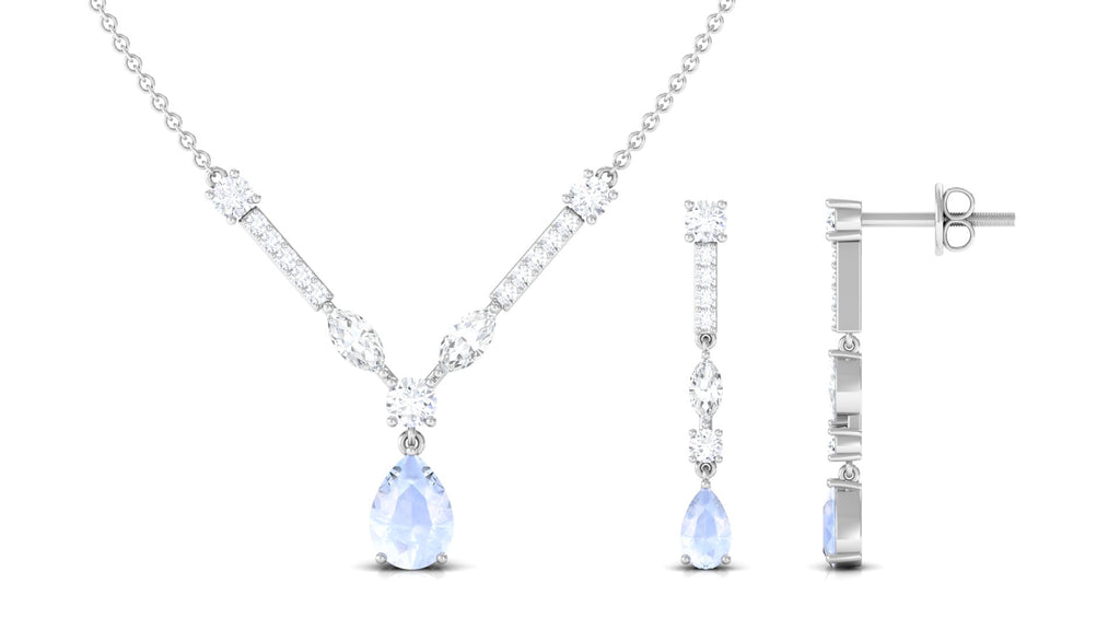 Pear Shape Moonstone and Moissanite Drop Necklace and Earrings Moonstone - ( AAA ) - Quality - Rosec Jewels