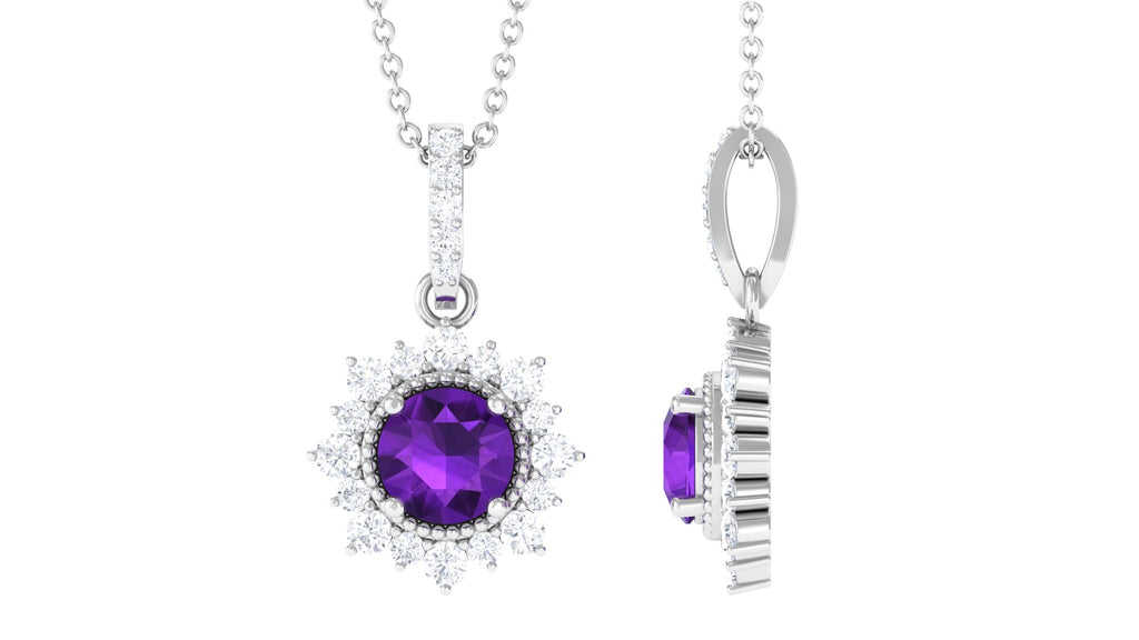 Round Amethyst Halo Pendant with Diamond Accent Bail Amethyst - ( AAA ) - Quality - Rosec Jewels