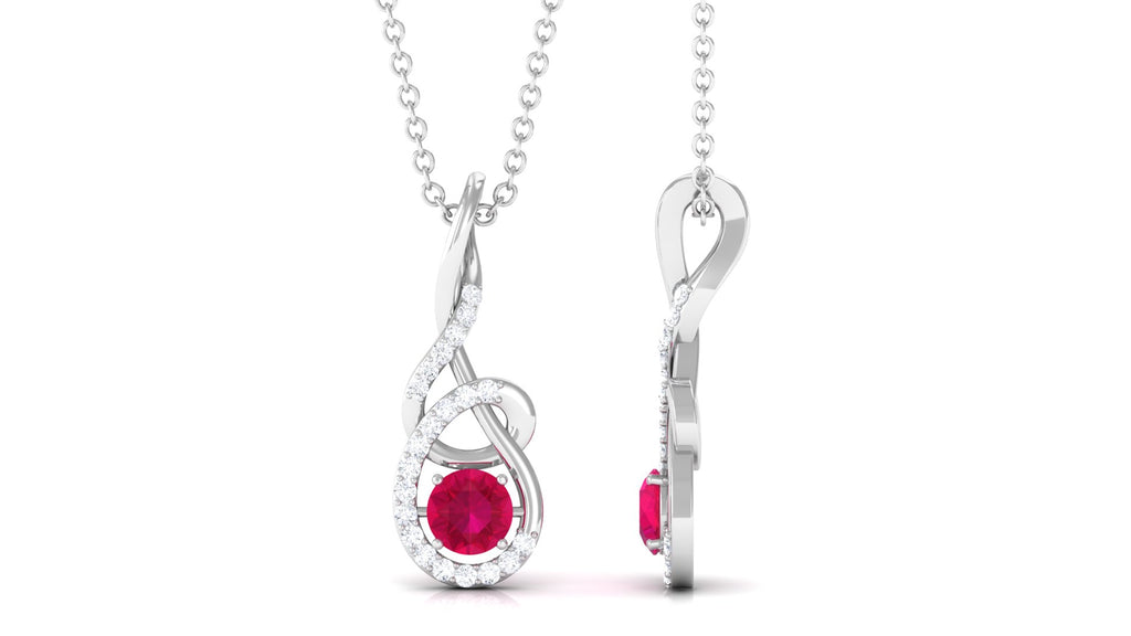 Designer Round Ruby and Diamond Twisted Drop Pendant Ruby - ( AAA ) - Quality - Rosec Jewels