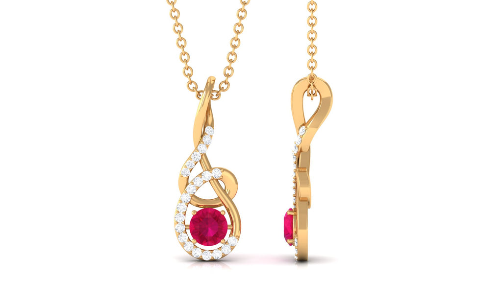Designer Round Ruby and Diamond Twisted Drop Pendant Ruby - ( AAA ) - Quality - Rosec Jewels