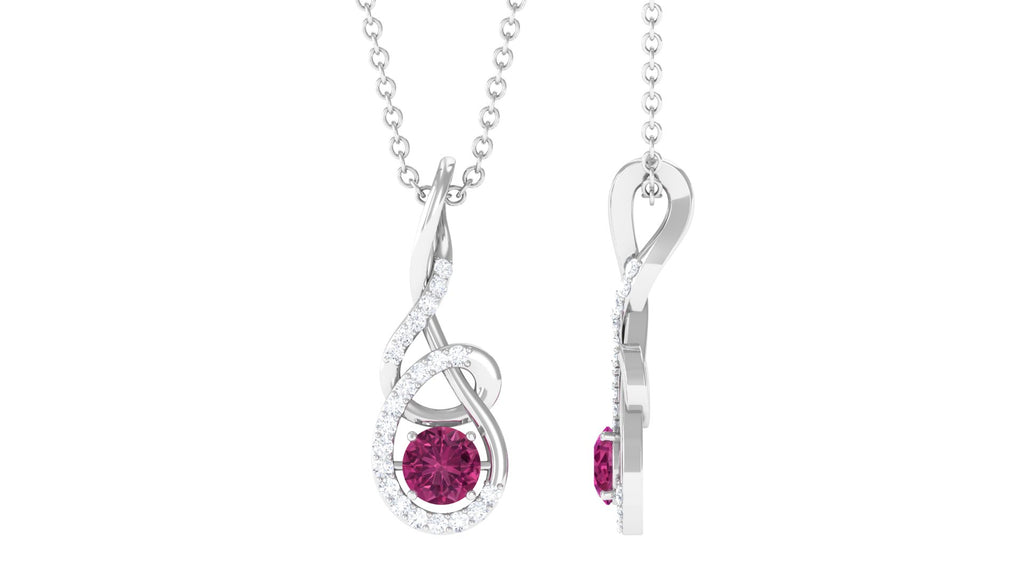 Round Pink Tourmaline and Diamond Twisted Pendant Necklace Pink Tourmaline - ( AAA ) - Quality - Rosec Jewels