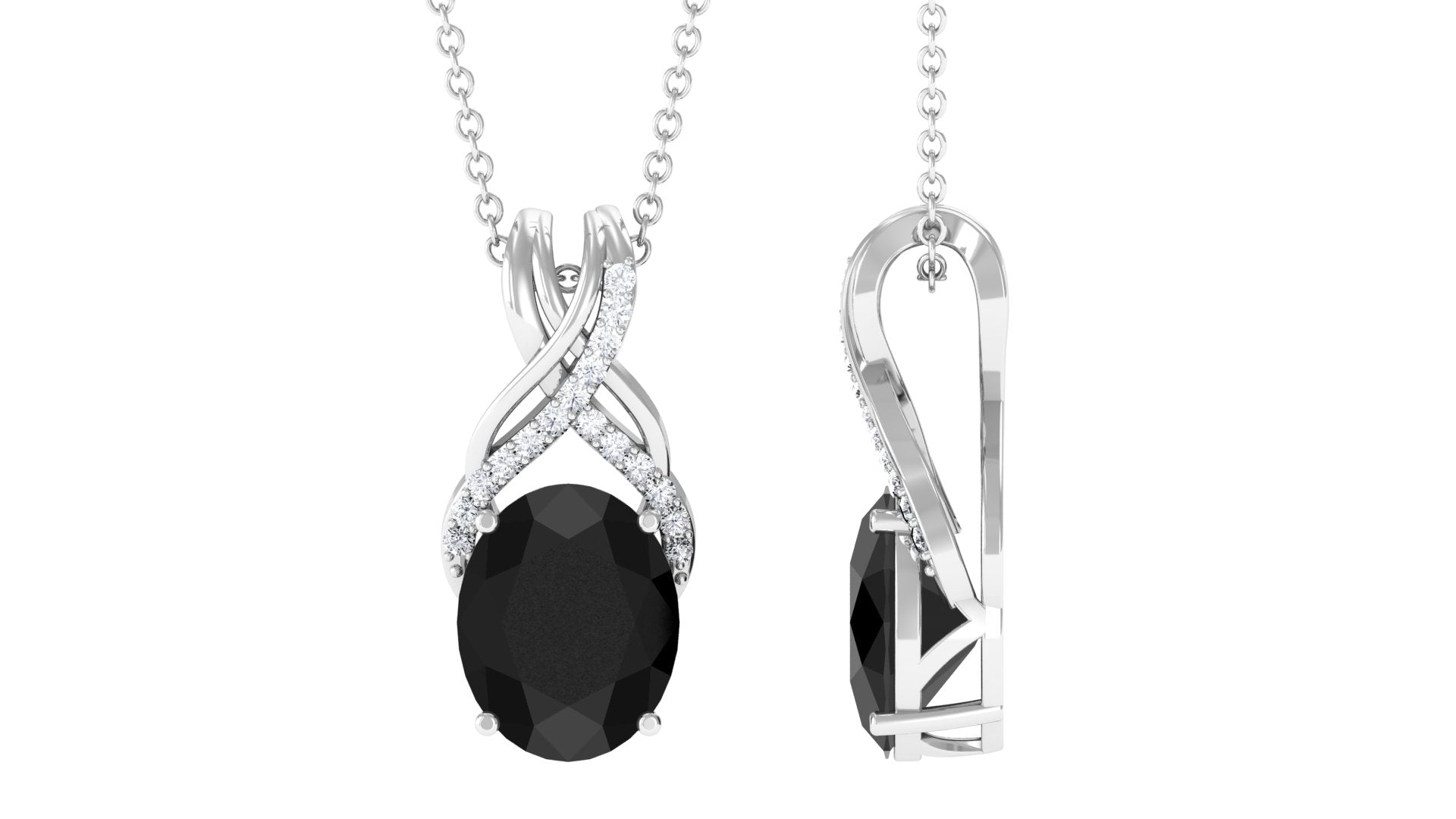 Designer Oval Black Spinel Solitaire Pendant with Diamond Twisted Bail Black Spinel - ( AAA ) - Quality - Rosec Jewels