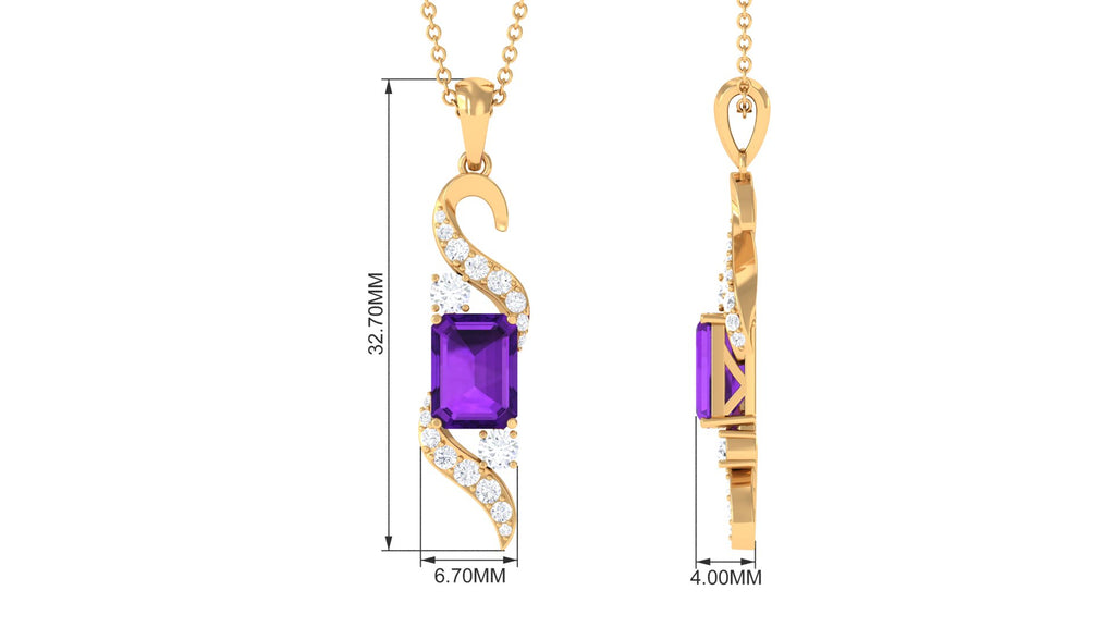 2 CT Octagon Cut Amethyst Designer Drop Pendant with Diamond Amethyst - ( AAA ) - Quality - Rosec Jewels