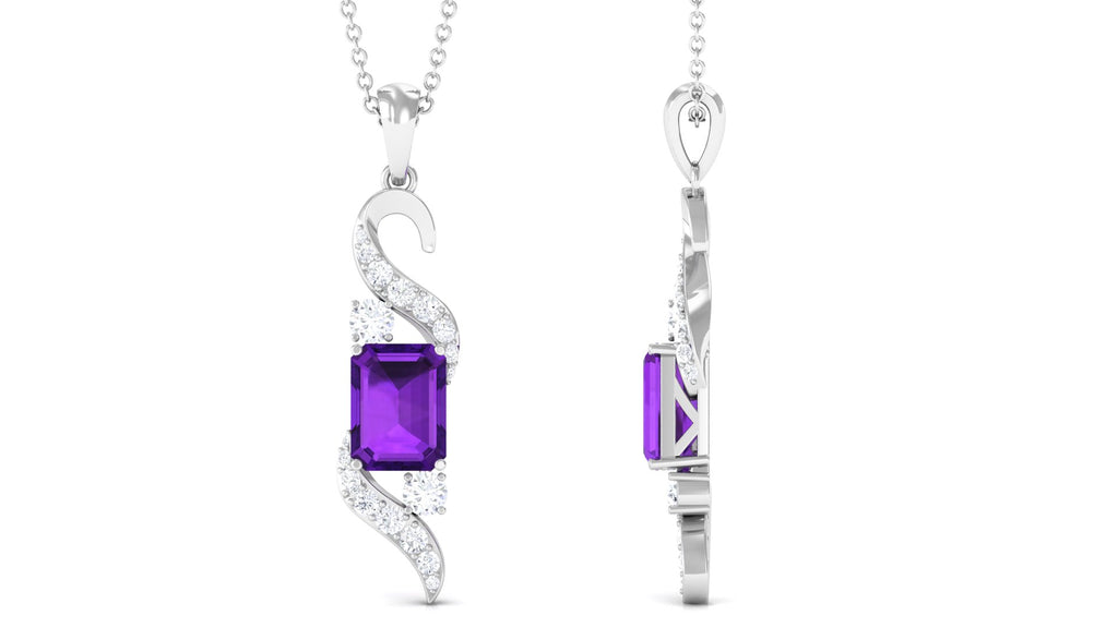 2 CT Octagon Cut Amethyst Designer Drop Pendant with Diamond Amethyst - ( AAA ) - Quality - Rosec Jewels