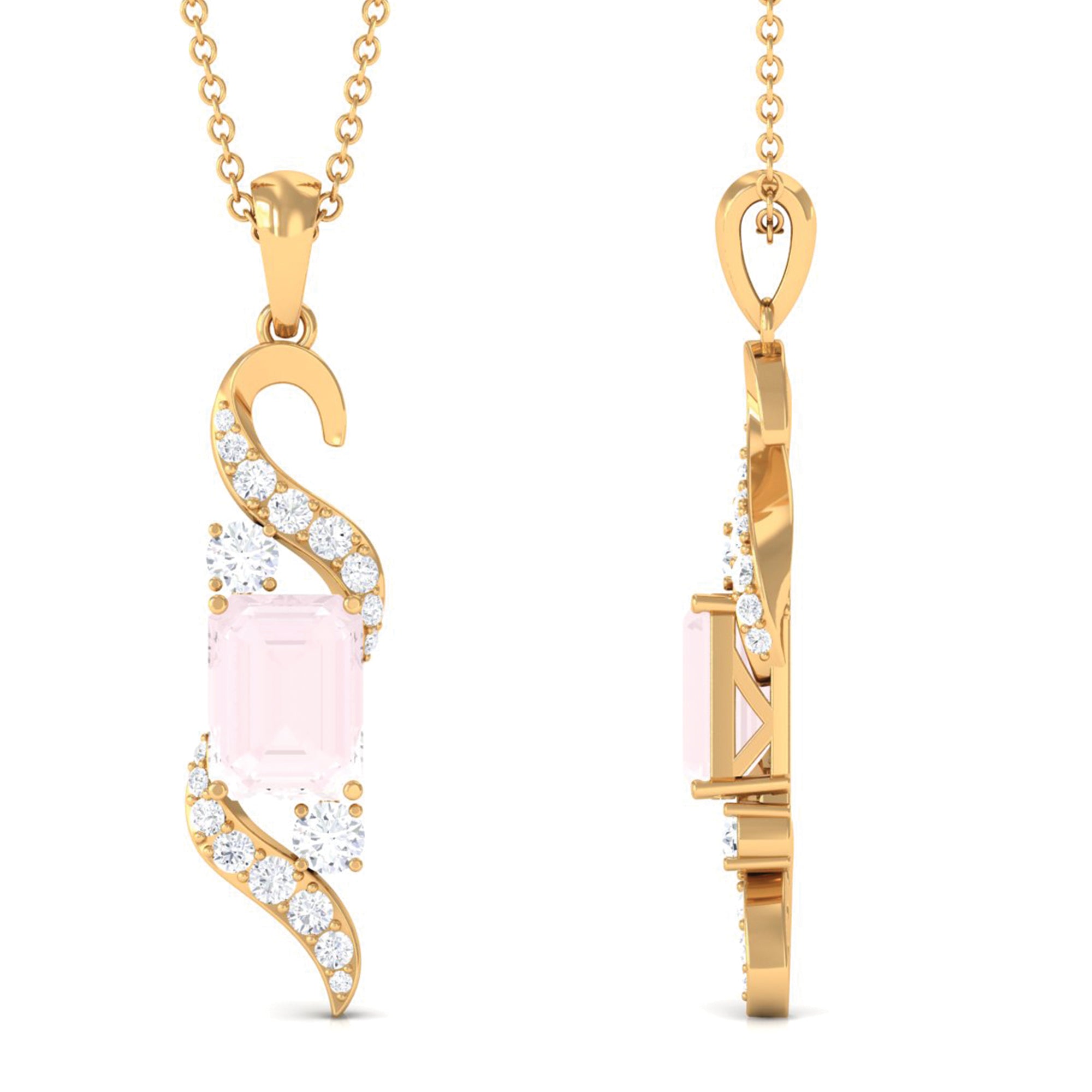 Emerald Cut Rose Quartz Drop Pendant with Diamond Rose Quartz - ( AAA ) - Quality - Rosec Jewels