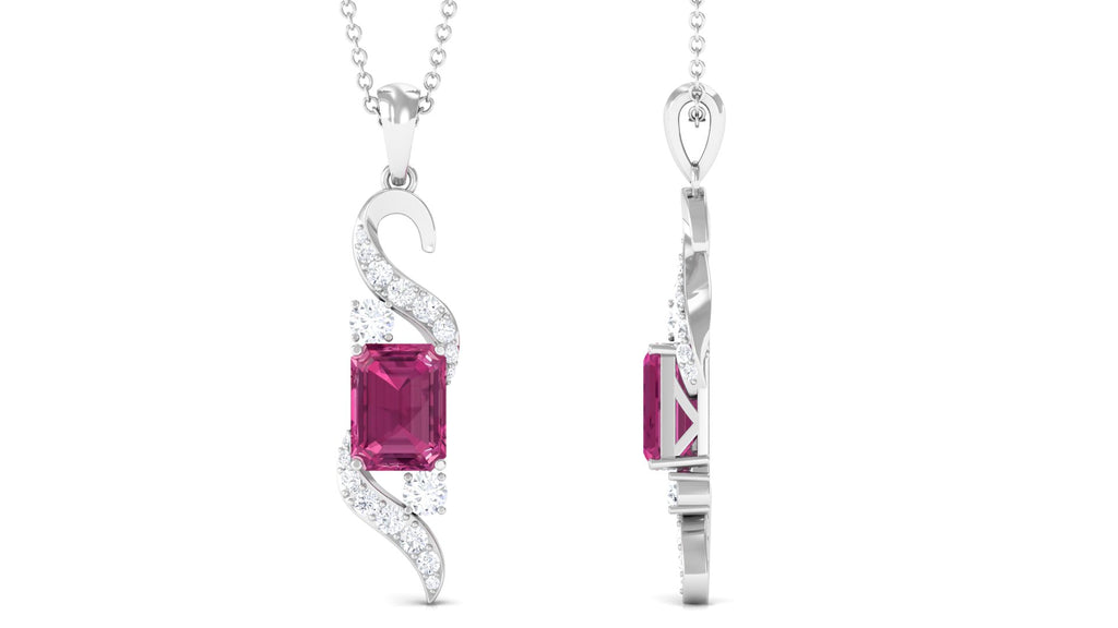Emerald Cut Pink Tourmaline Designer Dangle Pendant with Moissanite Pink Tourmaline - ( AAA ) - Quality - Rosec Jewels