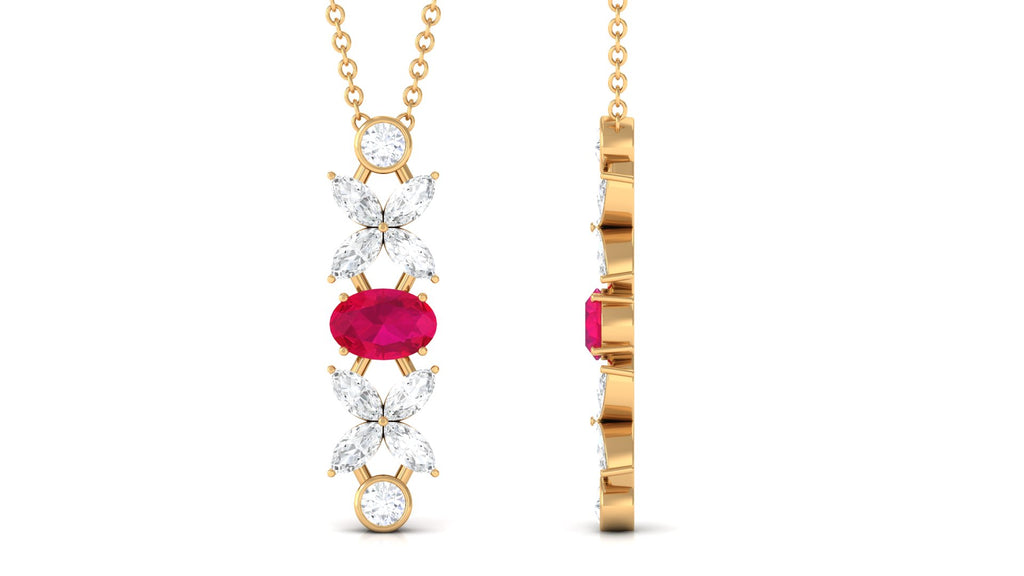Oval Ruby and Diamond Flower Dangle Necklace Ruby - ( AAA ) - Quality - Rosec Jewels