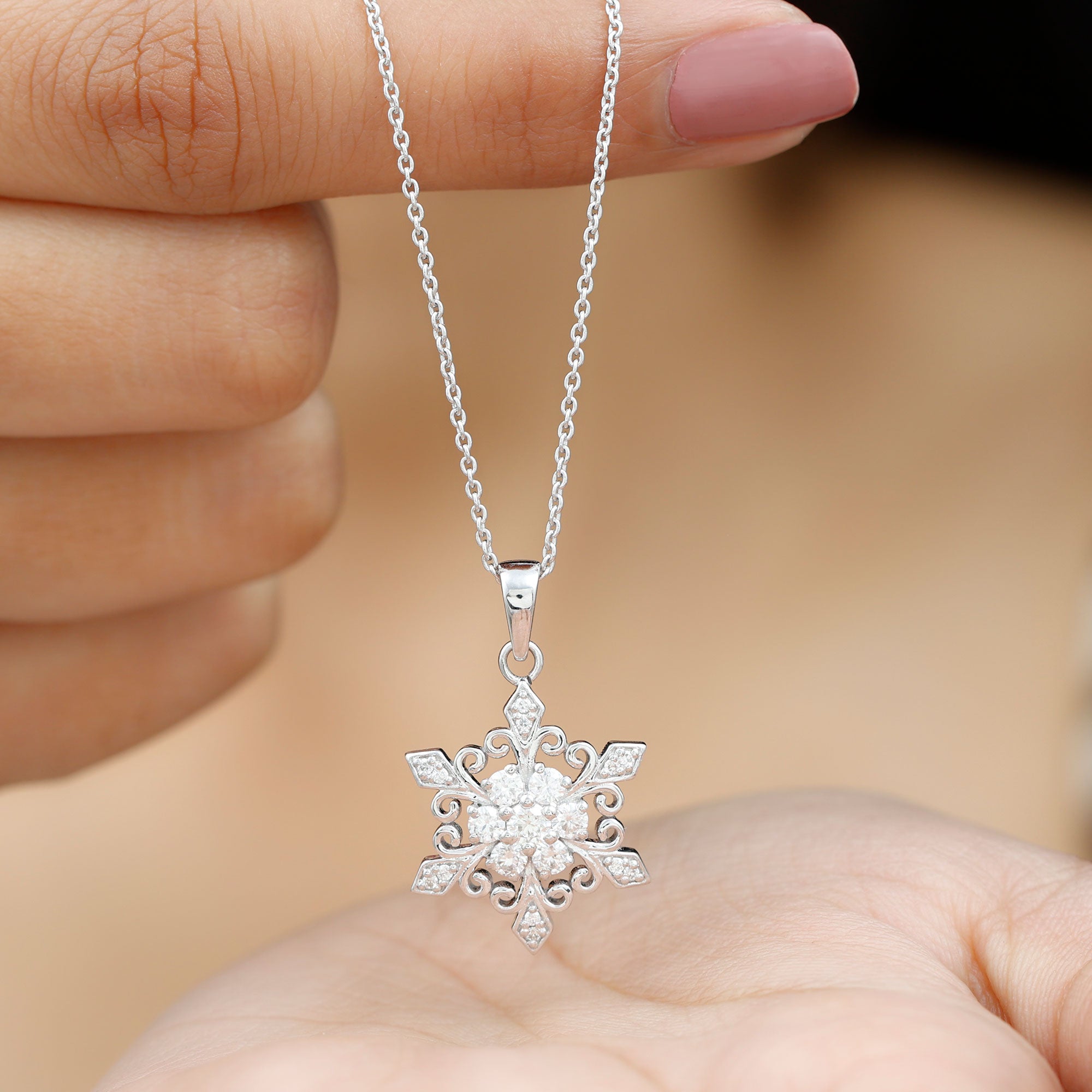Classic Moissanite Gold Snowflake Pendant Necklace Moissanite - ( D-VS1 ) - Color and Clarity - Rosec Jewels