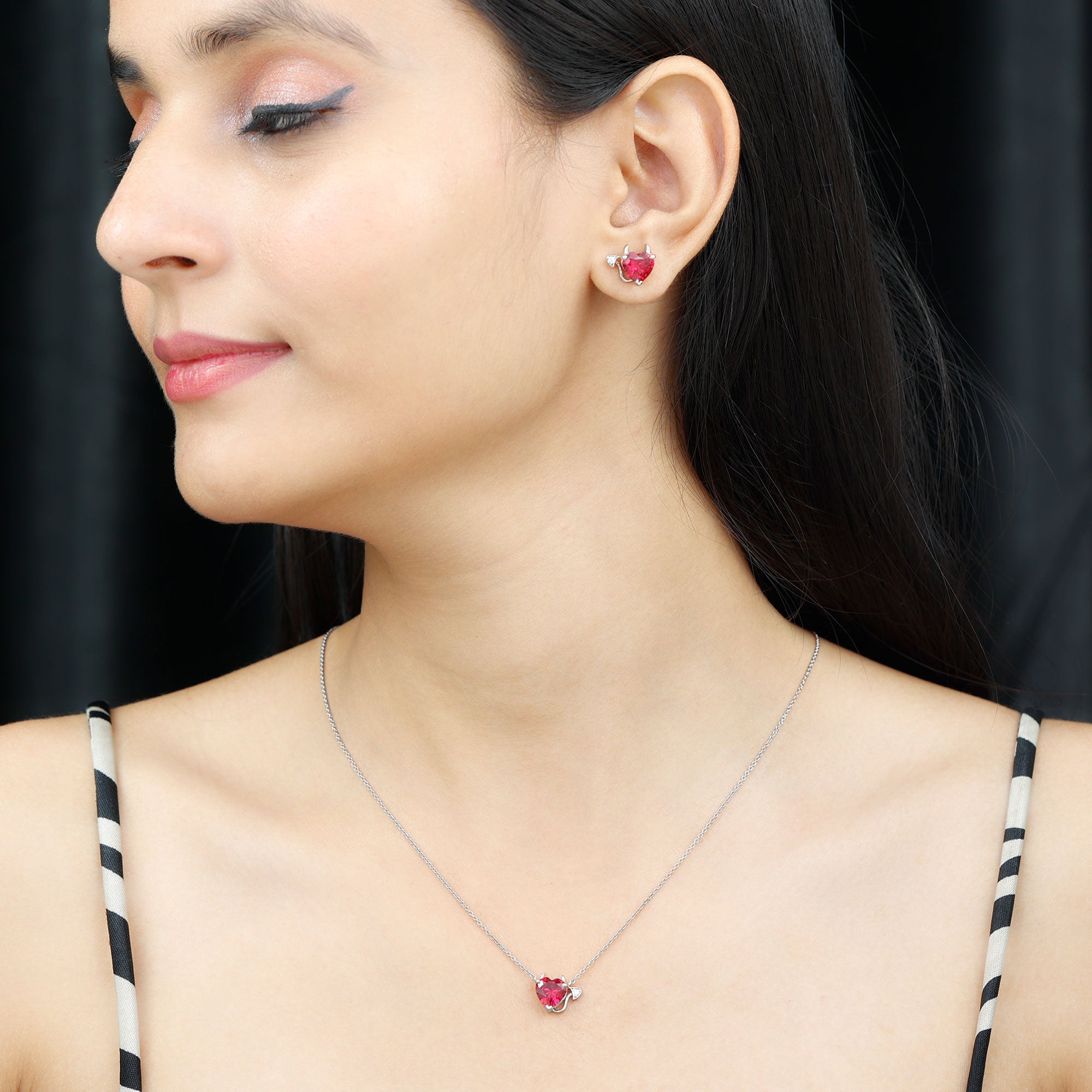Lab Grown Ruby Heart Necklace And Earrings Set With Diamond Lab Created Ruby - ( AAAA ) - Quality - Rosec Jewels