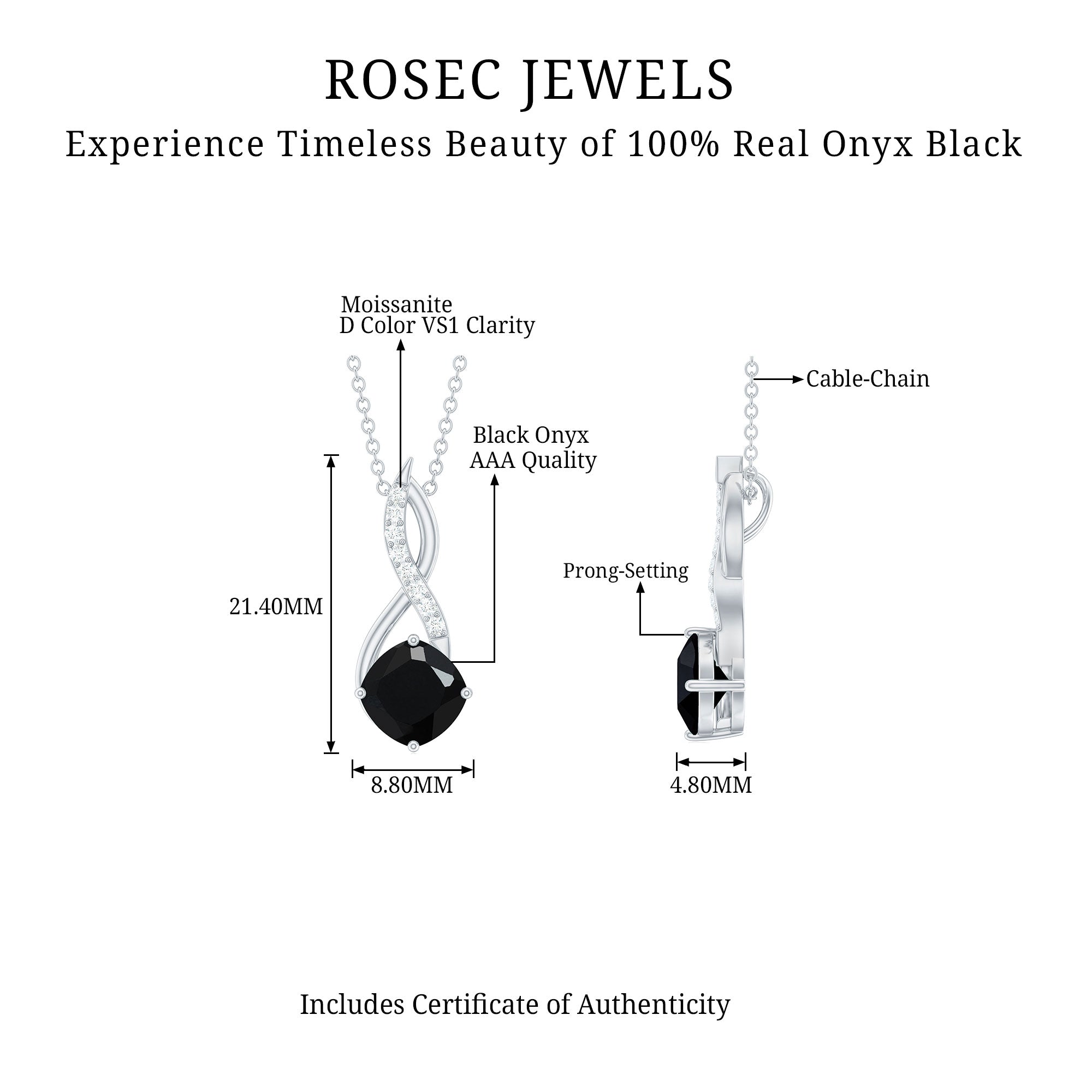 Cushion Cut Black Onyx Solitaire Infinity Pendant with Moissanite Black Onyx - ( AAA ) - Quality - Rosec Jewels