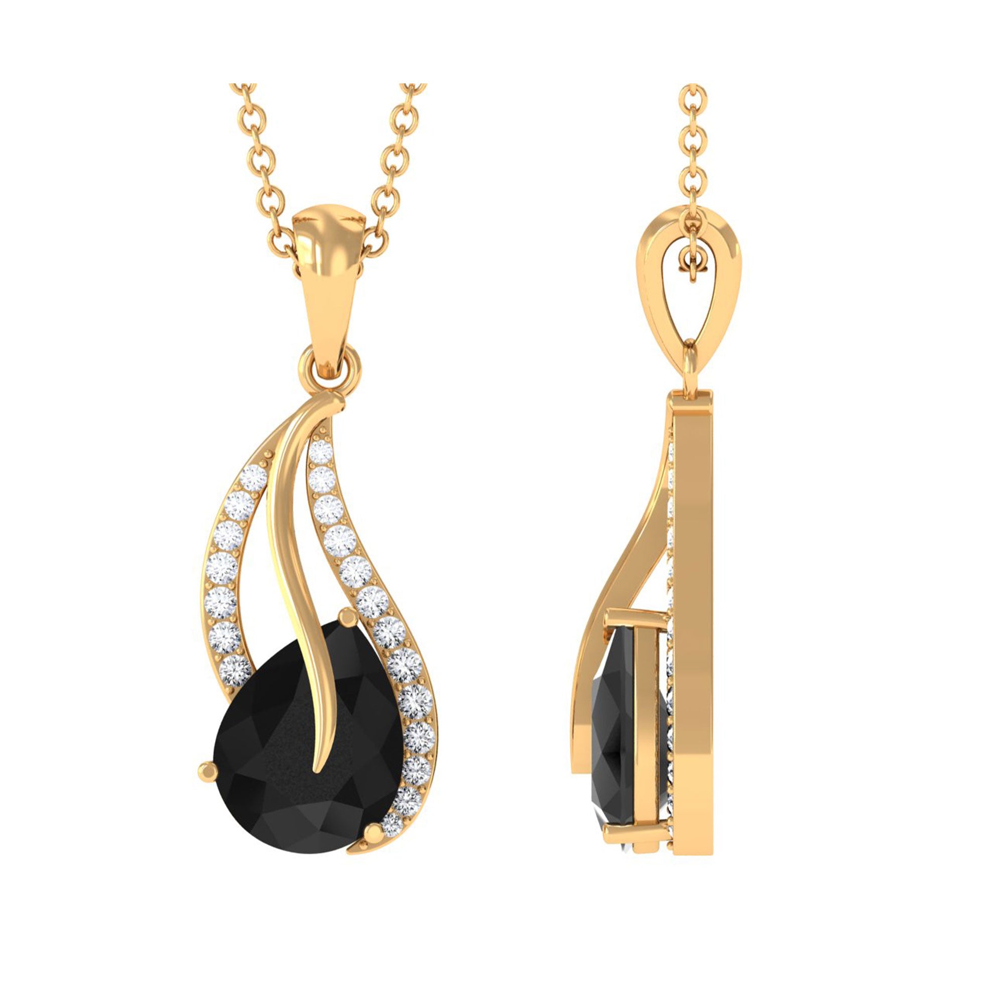 Pear Shaped Black Onyx and Diamond Leaf Pendant Necklace Black Onyx - ( AAA ) - Quality - Rosec Jewels