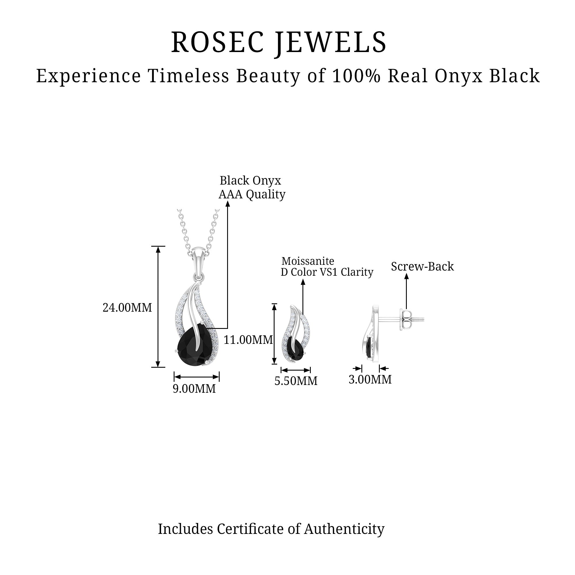 Minimal Teardrop jewelry Set with 3 CT Pear Cut Black Onyx and moissanite stones Black Onyx - ( AAA ) - Quality - Rosec Jewels