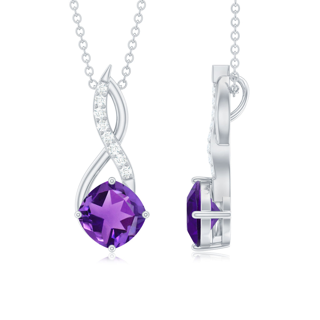 Cushion Shape Amethyst Infinity Pendant Necklace with Diamond Accent Amethyst - ( AAA ) - Quality - Rosec Jewels