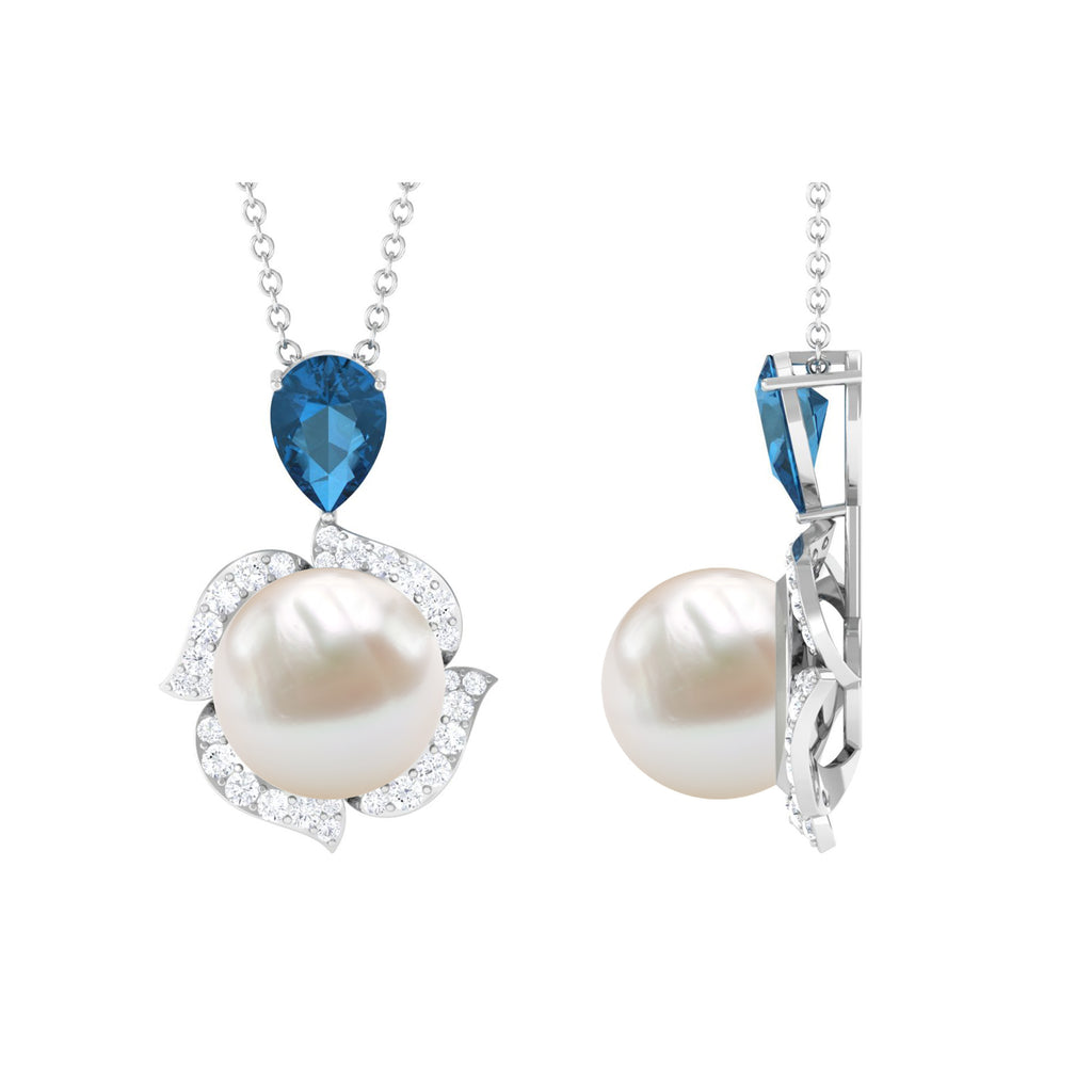 Designer Freshwater Pearl and Moissanite Halo Pendant with London Blue Topaz Freshwater Pearl - ( AAA ) - Quality - Rosec Jewels
