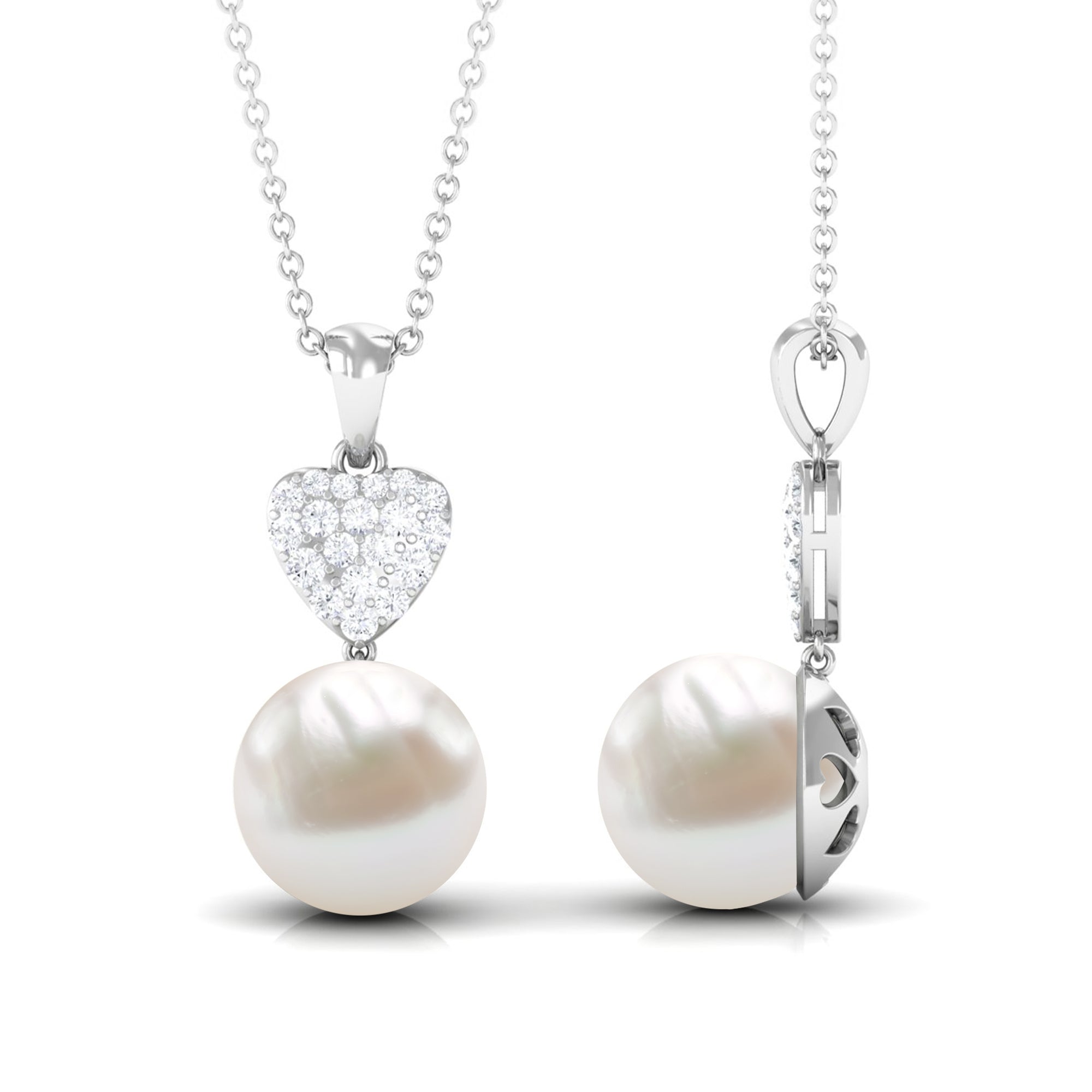 8.5 CT Bead Set Freshwater Pearl and Diamond Heart Dangle Pendant Necklace Freshwater Pearl - ( AAA ) - Quality - Rosec Jewels