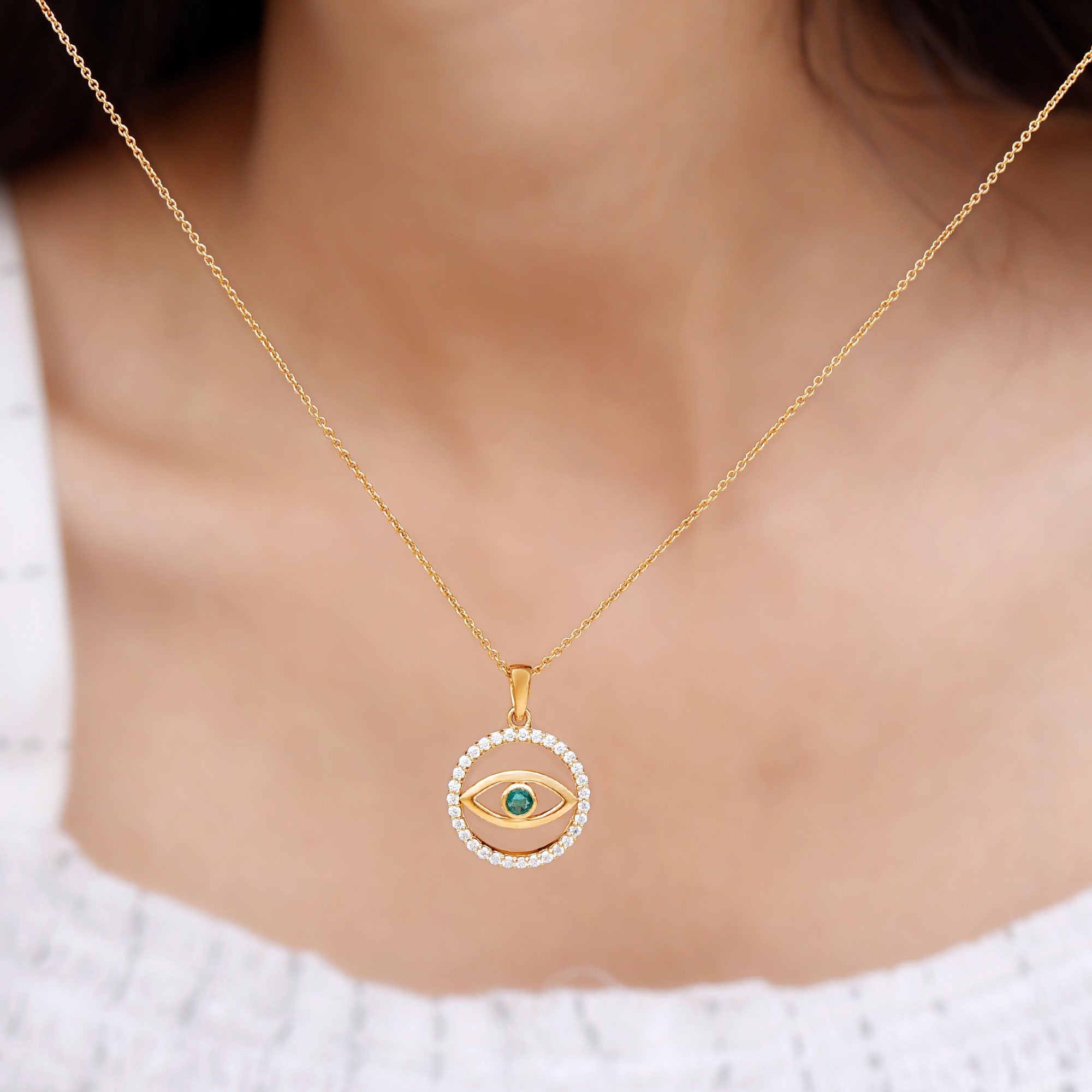 Evil Eye Pendant Necklace with Emerald and Diamond Emerald - ( AAA ) - Quality - Rosec Jewels