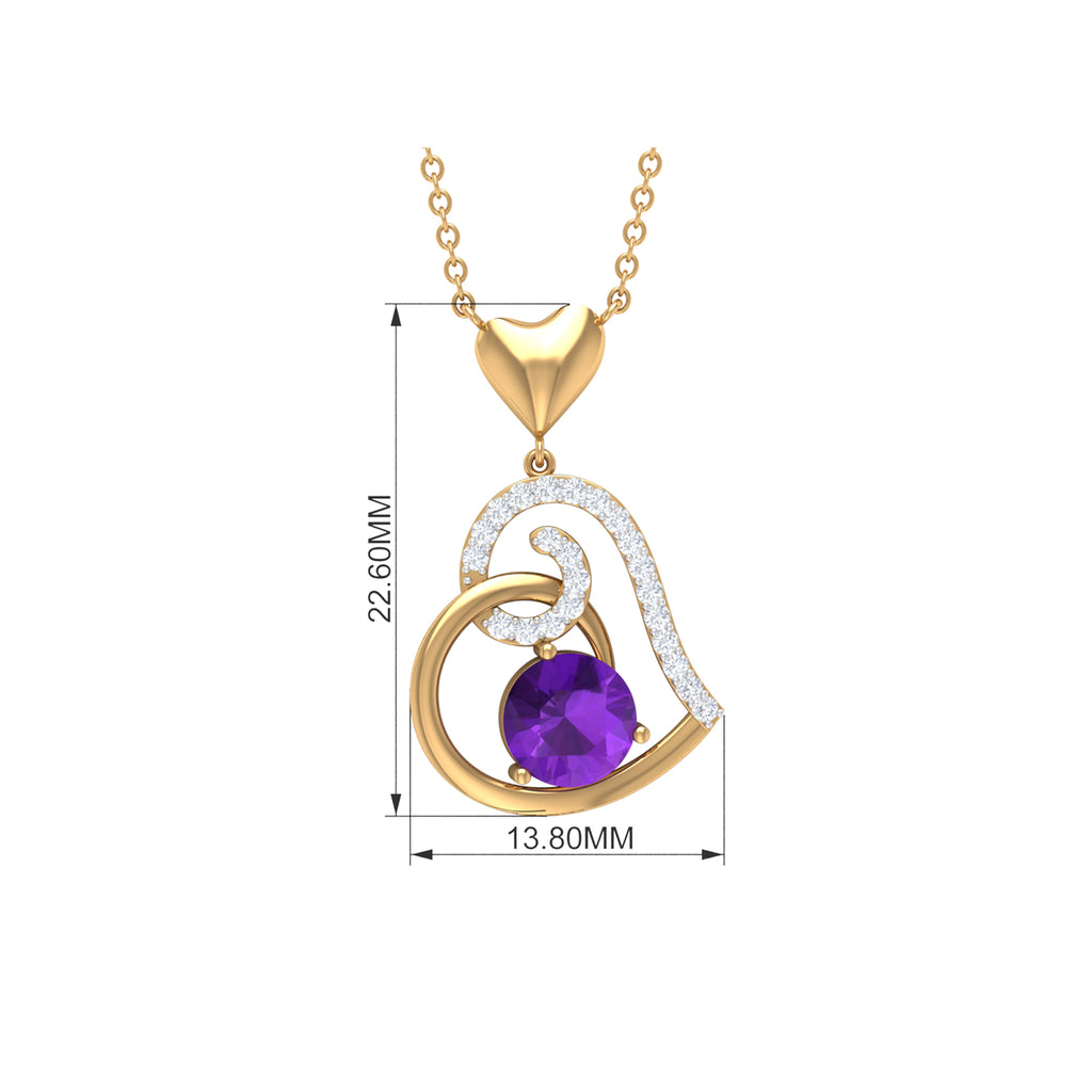 Classic Amethyst Heart Drop Necklace with Diamond Amethyst - ( AAA ) - Quality - Rosec Jewels