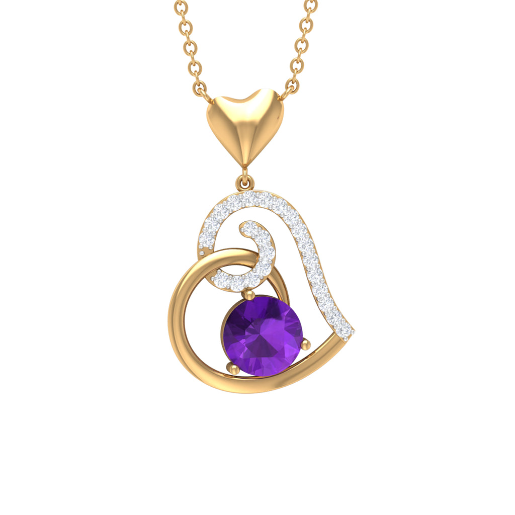 Classic Amethyst Heart Drop Necklace with Diamond Amethyst - ( AAA ) - Quality - Rosec Jewels