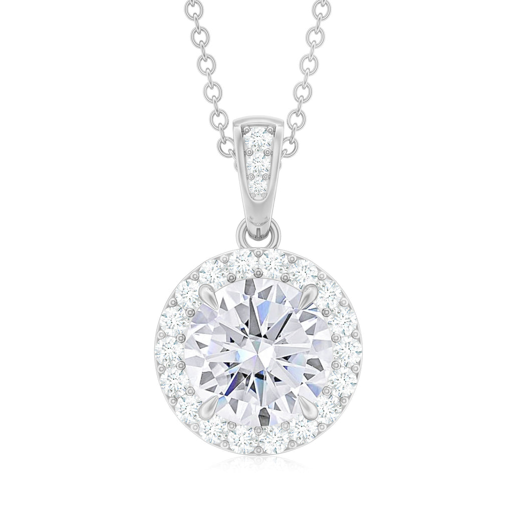 Round Moissanite Classic Halo Pendant Necklace Moissanite - ( D-VS1 ) - Color and Clarity - Rosec Jewels