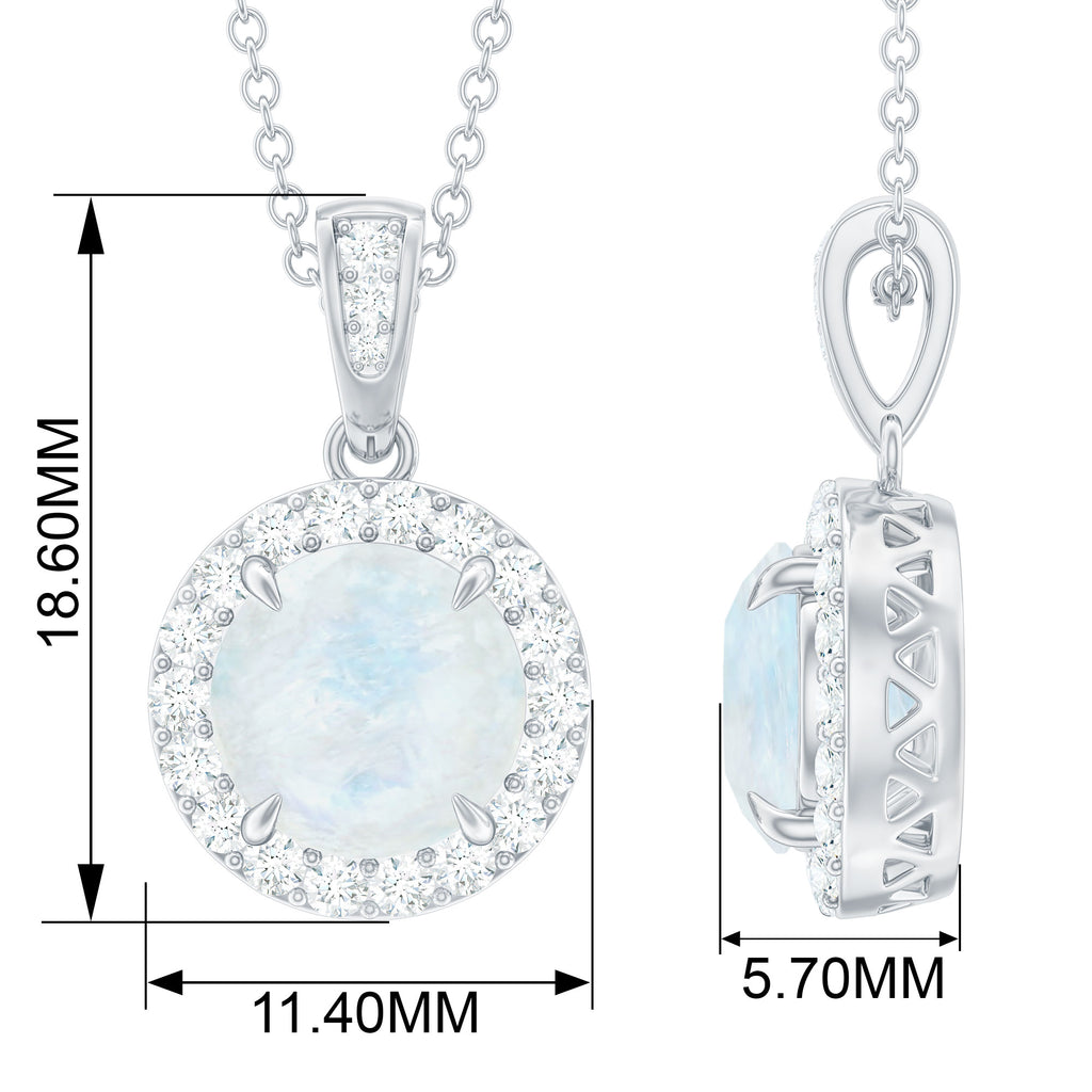 Minimal Round Moonstone Halo Pendant with Diamond Moonstone - ( AAA ) - Quality - Rosec Jewels