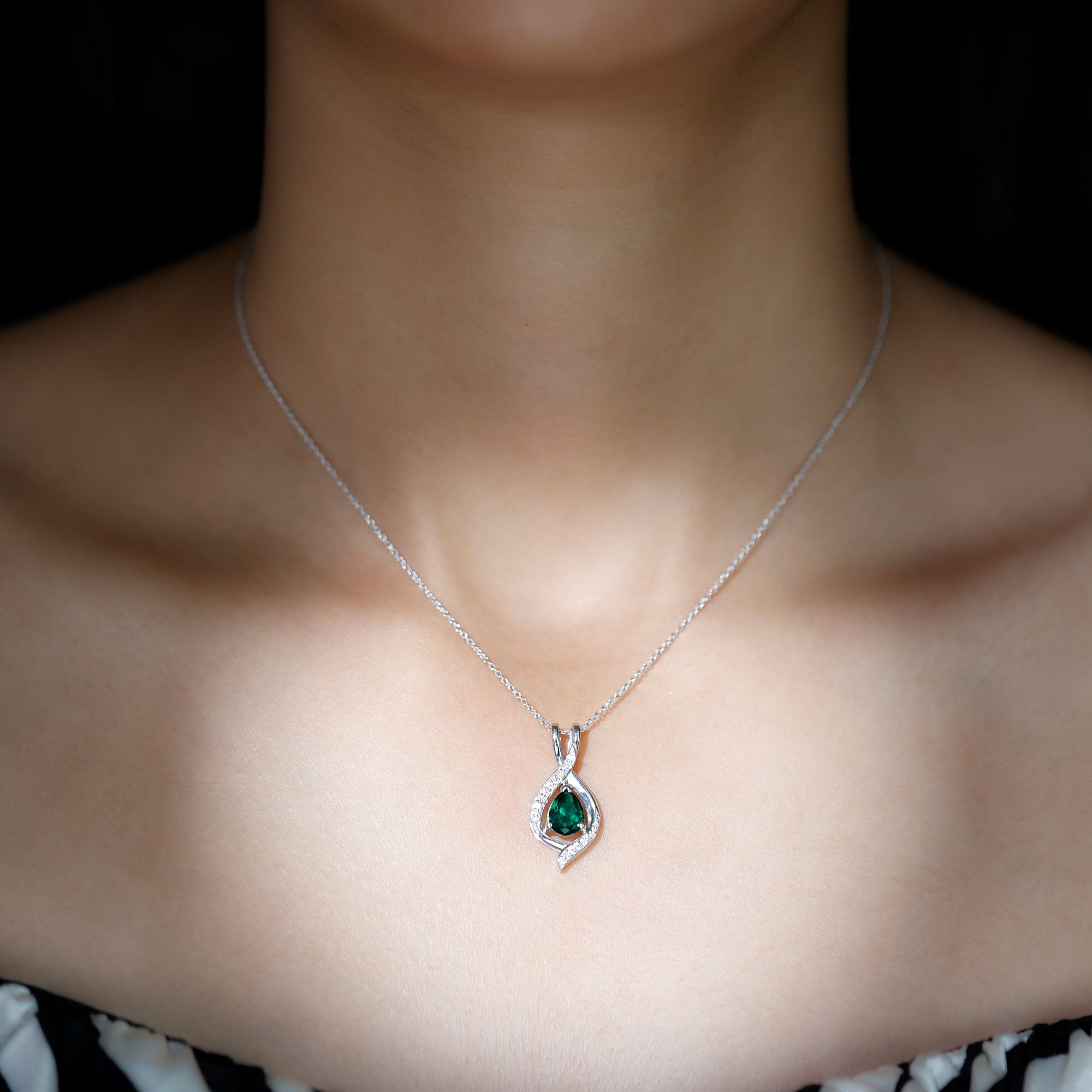 Pear Cut Created Emerald Teardrop Pendant with Moissanite Accent Lab Created Emerald - ( AAAA ) - Quality - Rosec Jewels