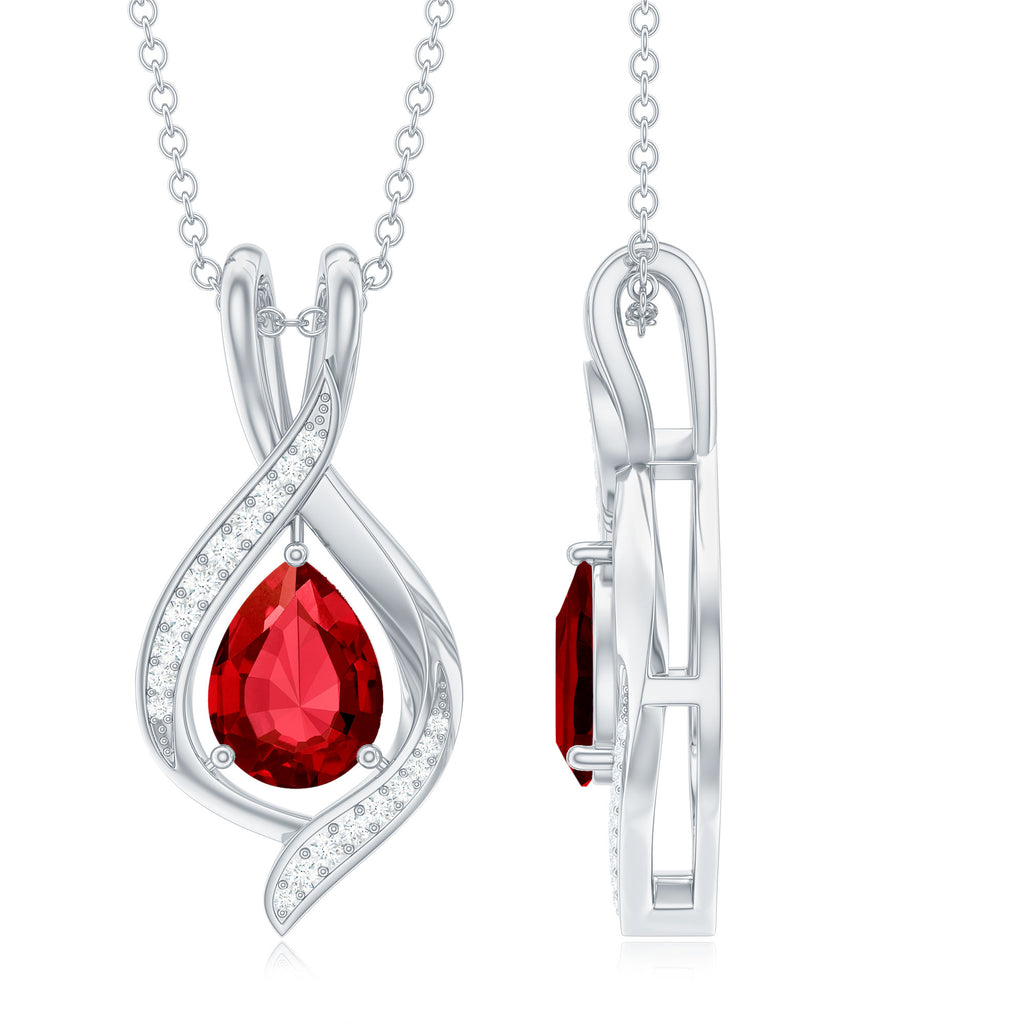 Pear Cut Created Ruby Teardrop Pendant with Moissanite Accent Lab Created Ruby - ( AAAA ) - Quality - Rosec Jewels