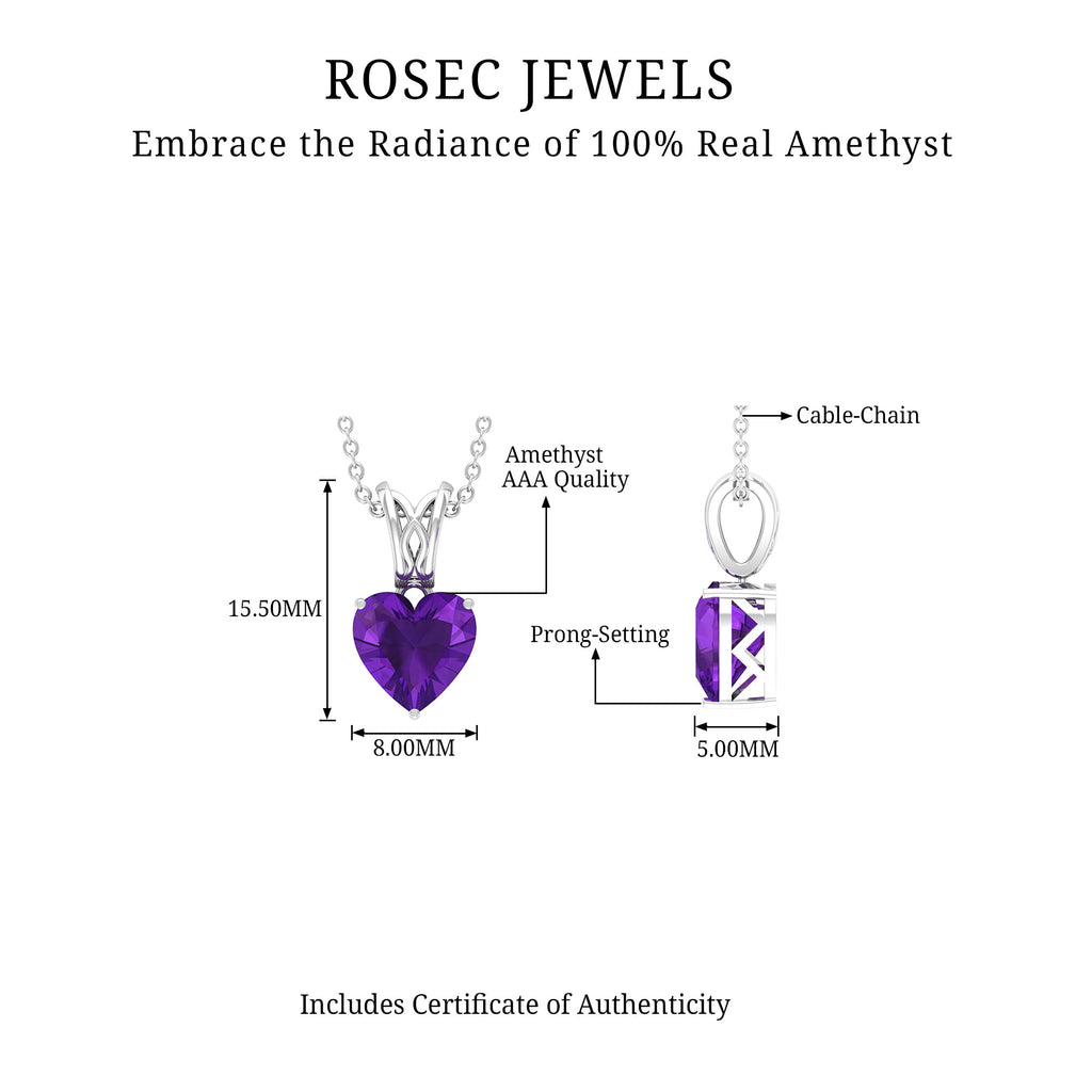 8 MM Heart Shape Amethyst Pendant in 3 Prong Setting with Decorative Bail Amethyst - ( AAA ) - Quality - Rosec Jewels