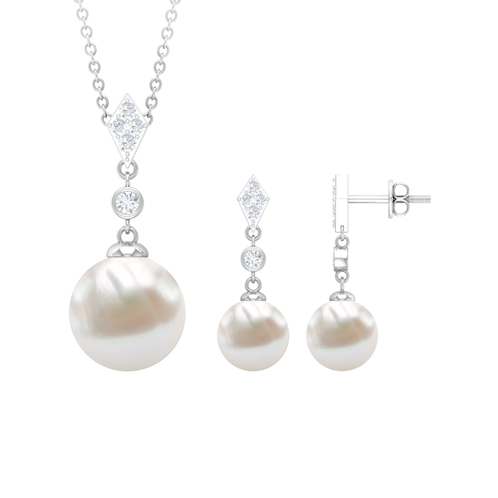 Freshwater Pearl Simple Dangle Drop Pendant and Earrings Set with Diamond Freshwater Pearl - ( AAA ) - Quality - Rosec Jewels