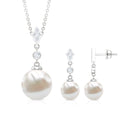 Freshwater Pearl Simple Dangle Drop Pendant and Earrings Set with Diamond Freshwater Pearl - ( AAA ) - Quality - Rosec Jewels