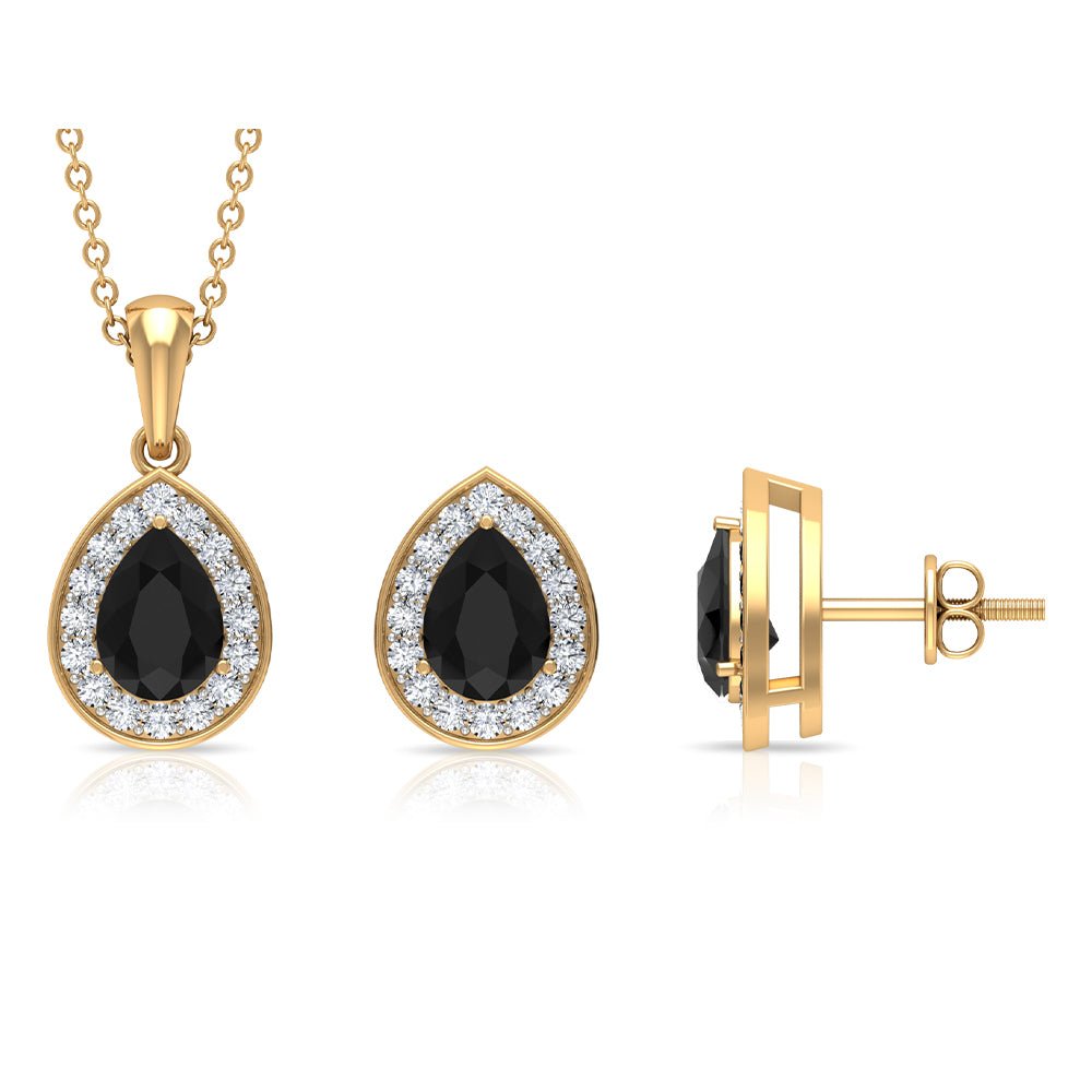 Black Onyx Teardrop jewelry Set with Moissanite Halo Black Onyx - ( AAA ) - Quality - Rosec Jewels