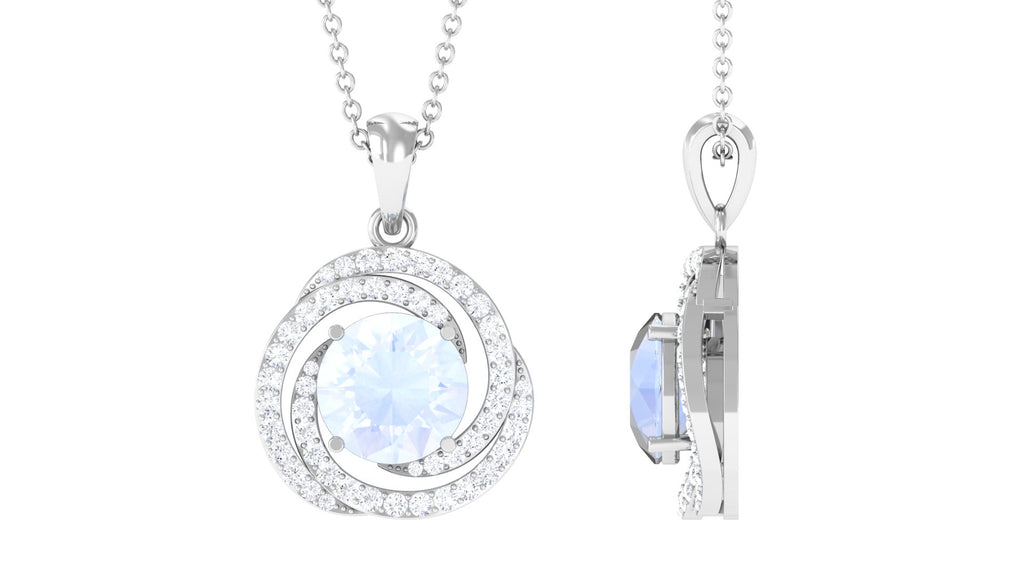 Minimal Moonstone and Diamond Swirl Halo Pendant Necklace Moonstone - ( AAA ) - Quality - Rosec Jewels
