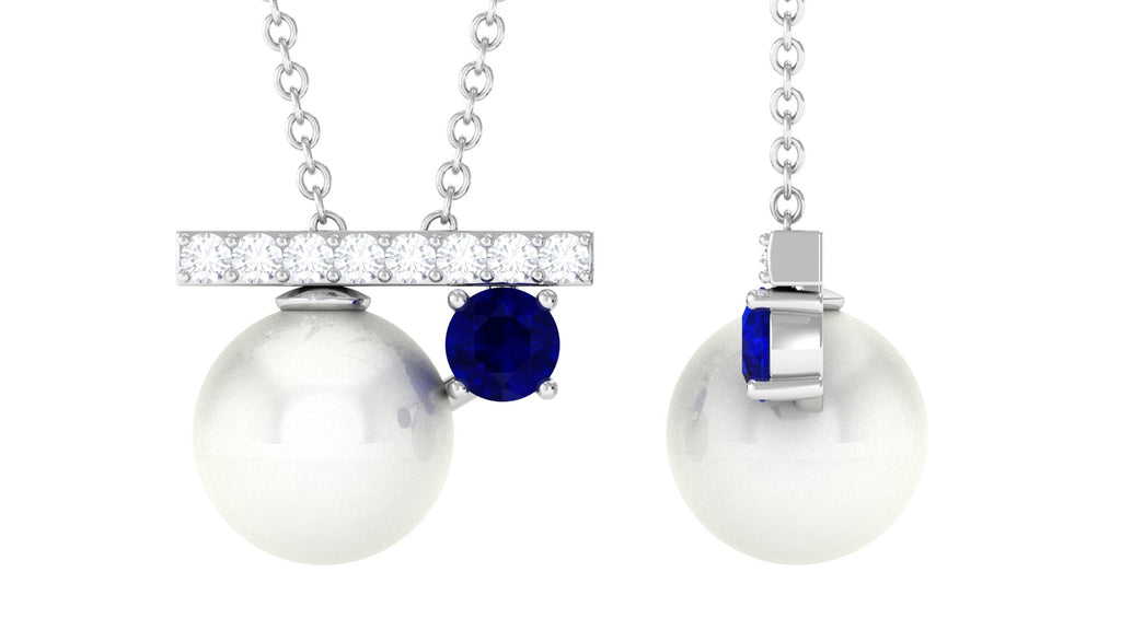 Round Freshwater Pearl and Blue Sapphire Estate Necklace with Moissanite Blue Sapphire - ( AAA ) - Quality - Rosec Jewels