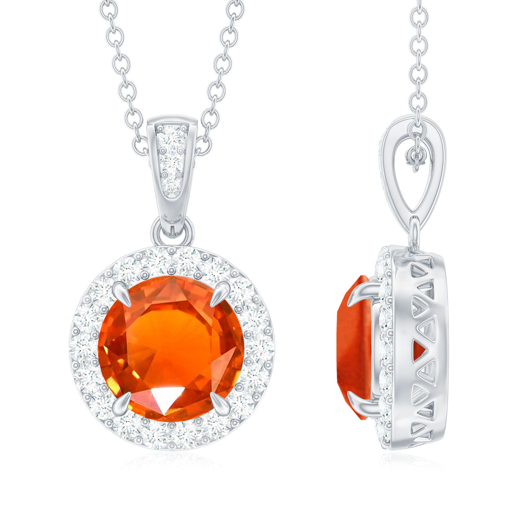 Created Orange Sapphire Pendant Necklace with Diamond Halo Lab Created Orange Sapphire - ( AAAA ) - Quality - Rosec Jewels